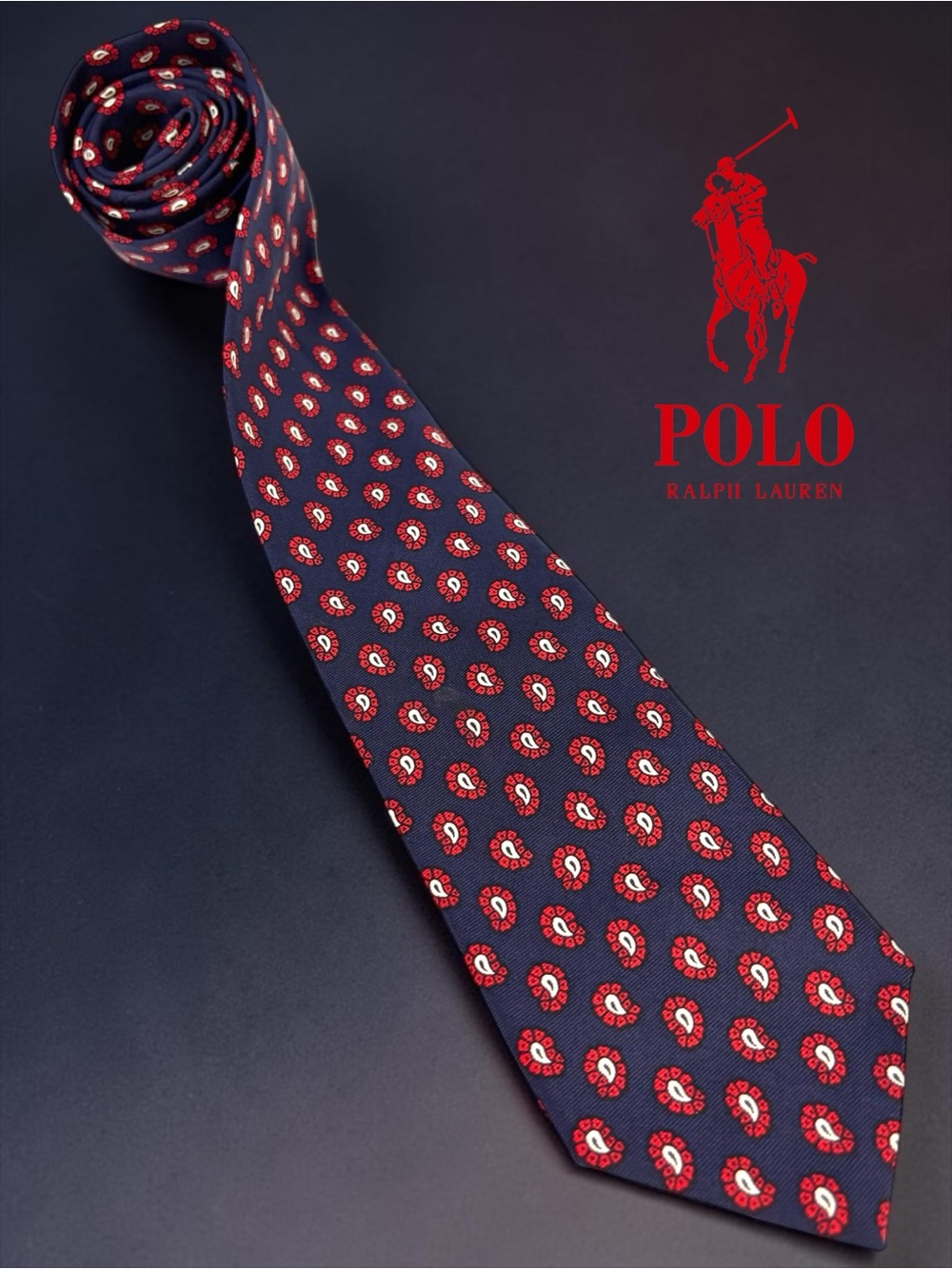 POLO Ralph Lauren Silk Tie Navy Blue Red Paisley Made in Italy Classic